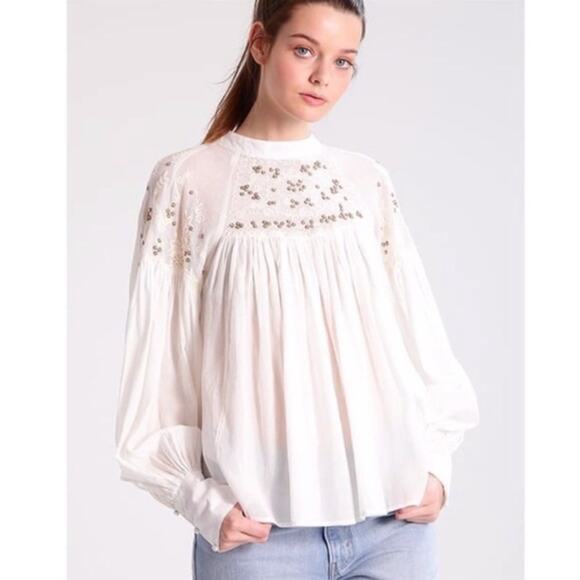 Free People Have It My Way Beaded Embroidered Blouse S Off White - Picture 1 of 13